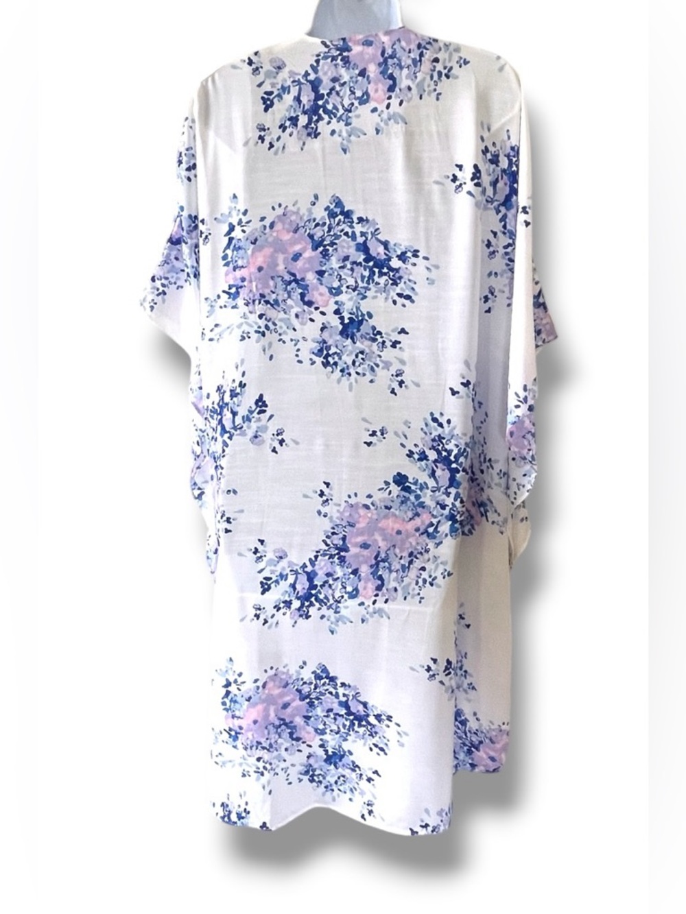 Kimono Cardigan Duster Boho Beach Cover Up White Blue Floral Print One Size - Picture 4 of 8